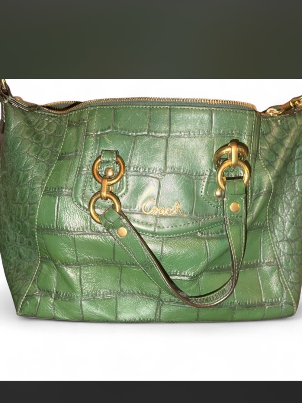 Coach Green Croc-Embossed Leather Shoulder Bag with Gold Hardware